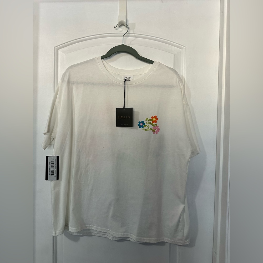 Le Lis White Tee with Blue and Green Floral Design